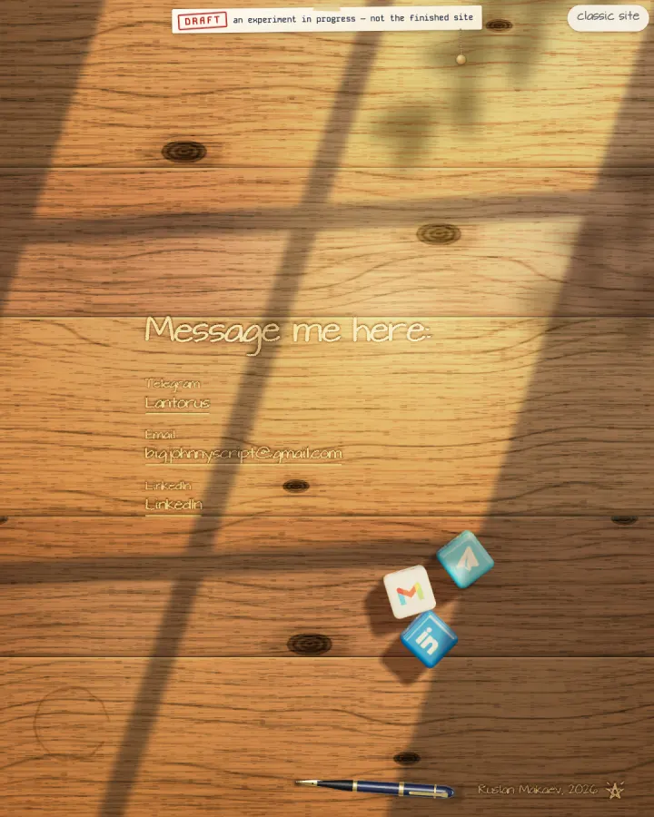 The wooden desk at the end of the page: carved contact links and three dice with Telegram, Gmail and LinkedIn logos.