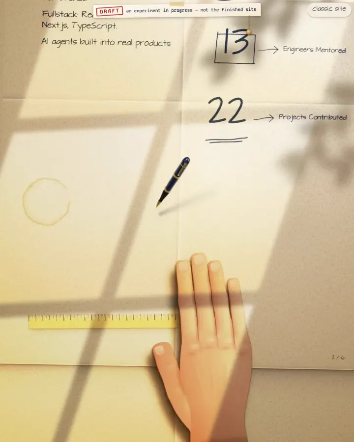 A drawn hand pushing the top sheet away to show the next one; a pen lies on the paper and a ruler at the bottom.