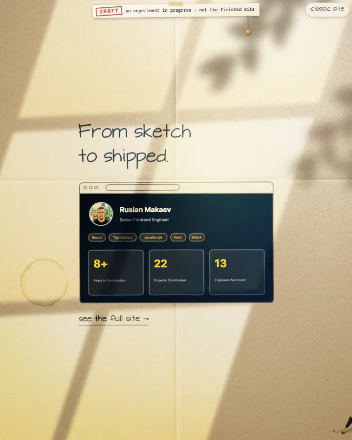 A sheet titled "From sketch to shipped" with a browser window containing a dark miniature of the site.