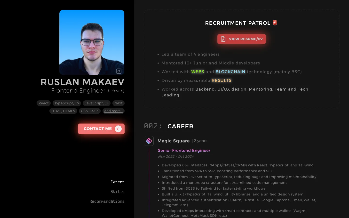 Desktop view of the February 2025 site: dark layout with a black sidebar, a Recruitment patrol block and a career section.