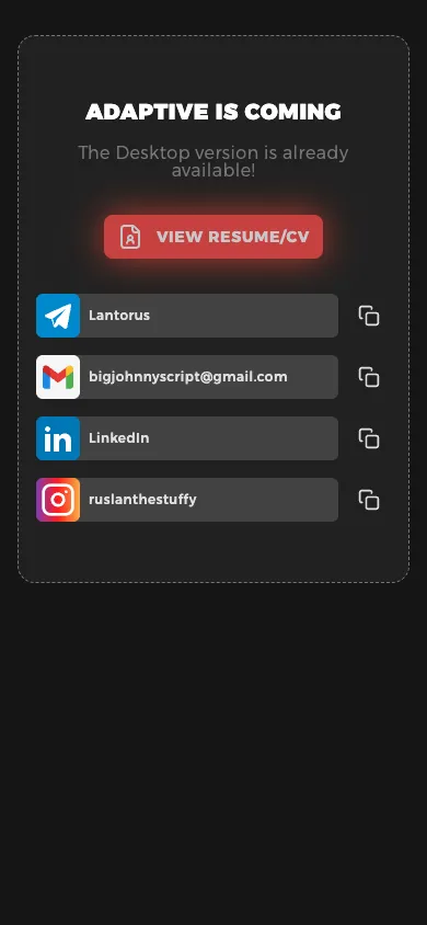 Phone view of the February 2025 site: a stub page that reads "Adaptive is coming".