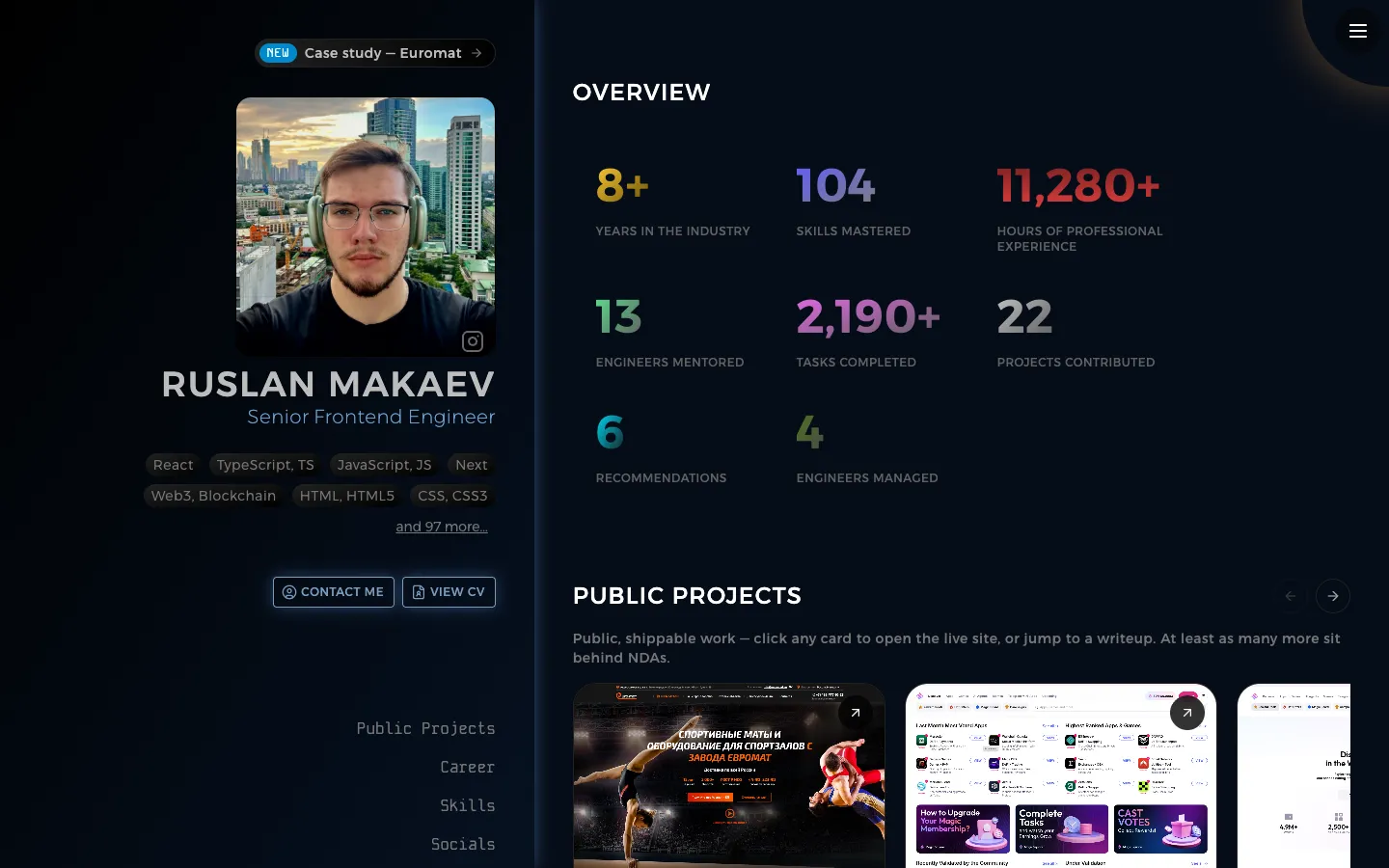 Desktop view of the current home page: dark dashboard with a case study banner and a Public Projects block.