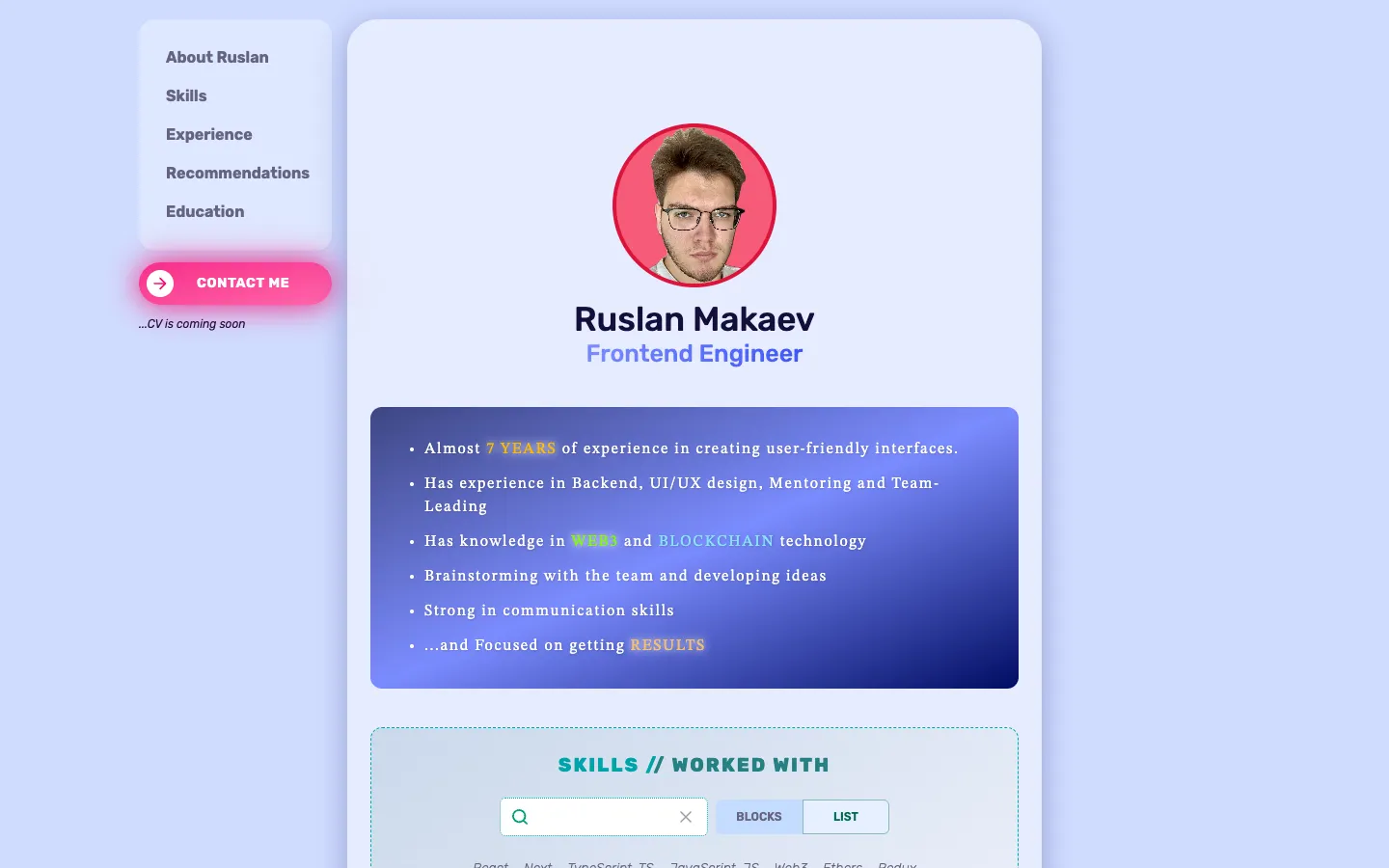 Desktop view of the September 2024 site: blue layout with a left menu and a gradient summary block.