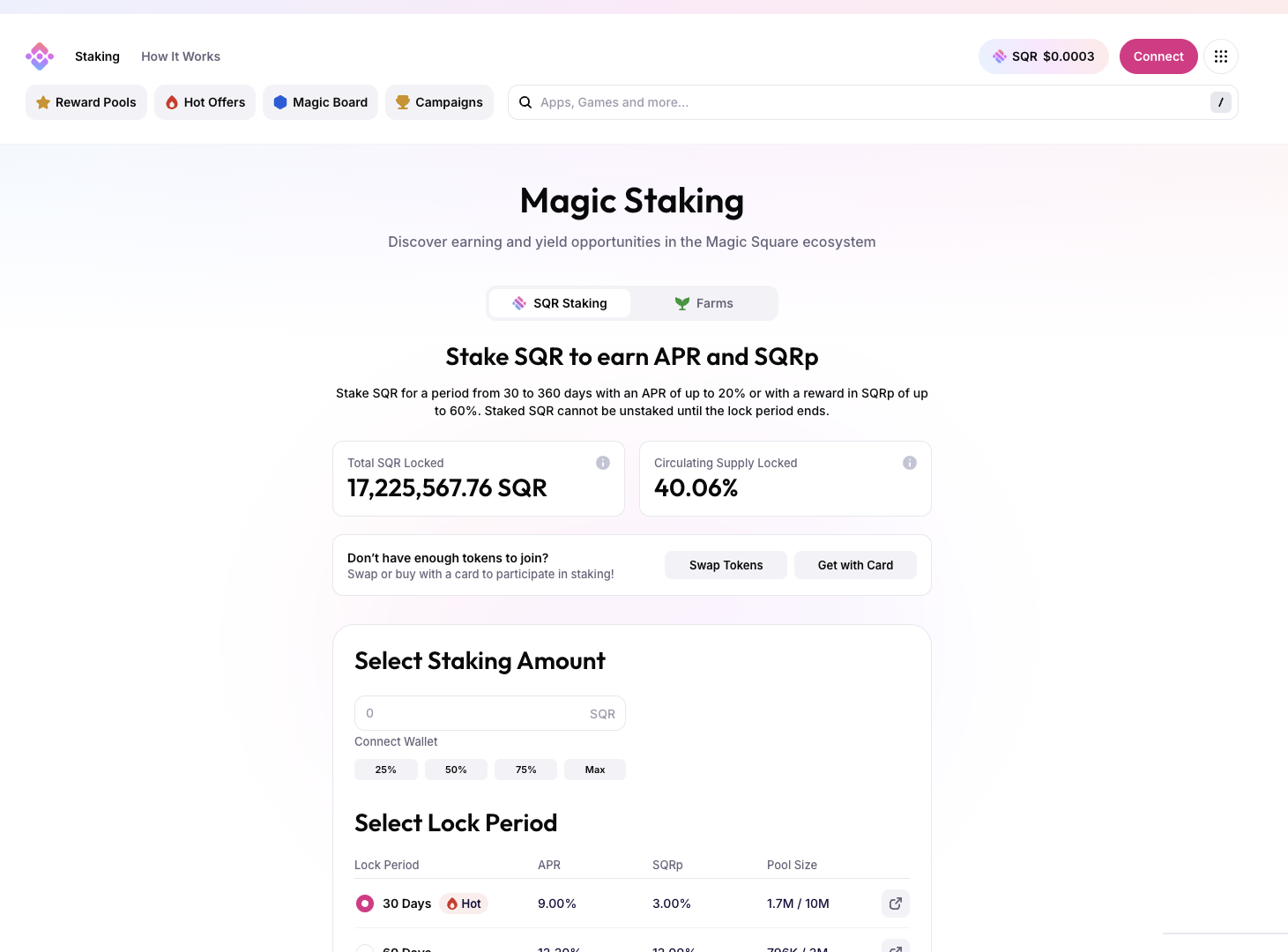 Magic Square — Staking — dApp — Stake $SQR — APR rewards & SQRp points