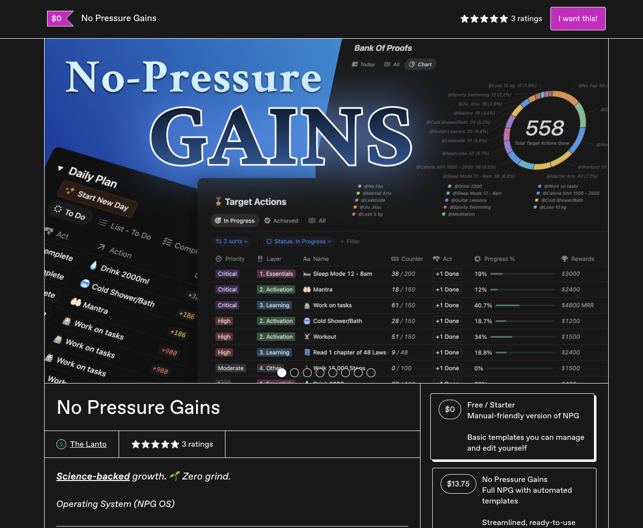 No Pressure Gains — Notion template — Programmable Notion template — sold on Gumroad