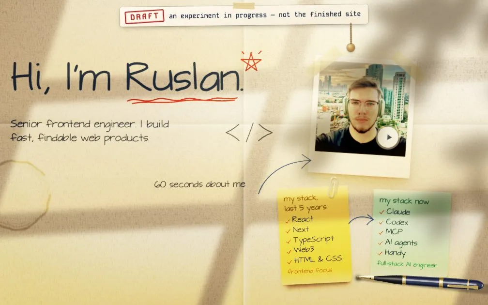 Paper site (/v2) — Experiment — A website that looks handwritten — with a 3D pen and dice